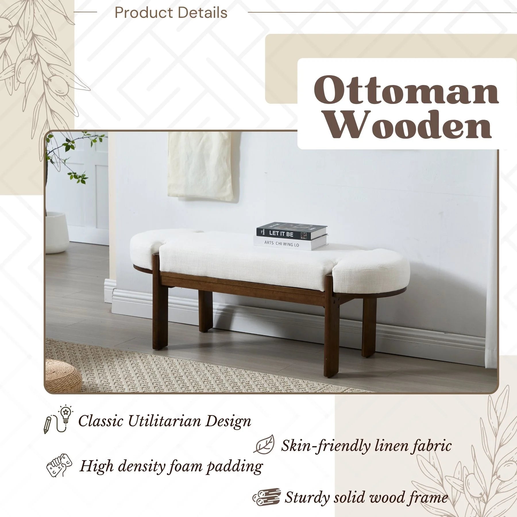 Dayalane 51" Modern Upholstered Bedroom Bench, Linen End of Bed Bench with Wooden Legs for Living Room, Entryway, Hallway Footrest, Beige