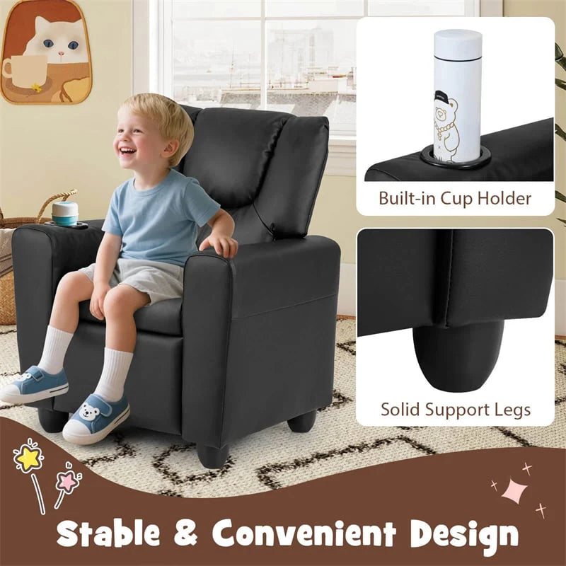 Kids Recliner Chair with Cup Holder & Side Pocket, Adjustable Toddler Lounge Sofa, Ergonomic Children Armchairs for Boys Girls Age 3+, 150lbs