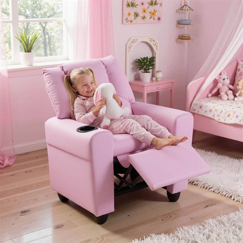 Kids Recliner Chair with Cup Holder & Side Pocket, Adjustable Toddler Lounge Sofa, Ergonomic Children Armchairs for Boys Girls Age 3+, 150lbs