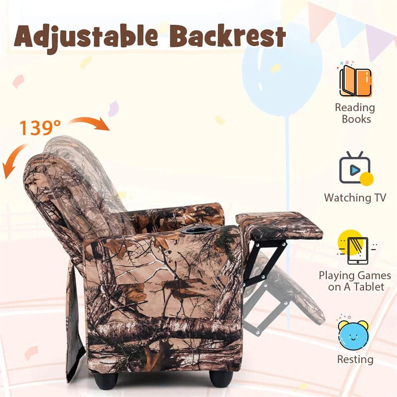 Kids Recliner Chair with Cup Holder & Side Pocket, Adjustable Toddler Lounge Sofa, Ergonomic Children Armchairs for Boys Girls Age 3+, 150lbs