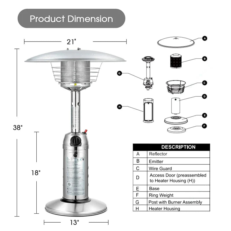 11,000 BTU Tabletop Propane Patio Heater, Portable Stainless Steel Outdoor Heater with Adjustable Flame & Tip-Over Protection for Backyard Restaurant