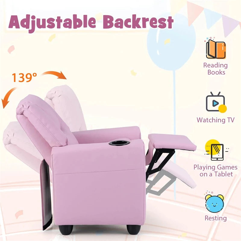 Kids Recliner Chair with Cup Holder & Side Pocket, Adjustable Toddler Lounge Sofa, Ergonomic Children Armchairs for Boys Girls Age 3+, 150lbs