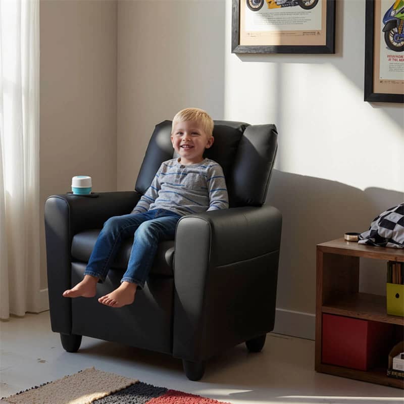 Kids Recliner Chair with Cup Holder & Side Pocket, Adjustable Toddler Lounge Sofa, Ergonomic Children Armchairs for Boys Girls Age 3+, 150lbs