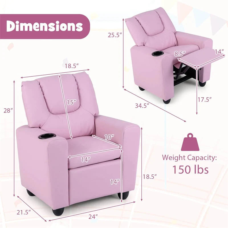 Kids Recliner Chair with Cup Holder & Side Pocket, Adjustable Toddler Lounge Sofa, Ergonomic Children Armchairs for Boys Girls Age 3+, 150lbs