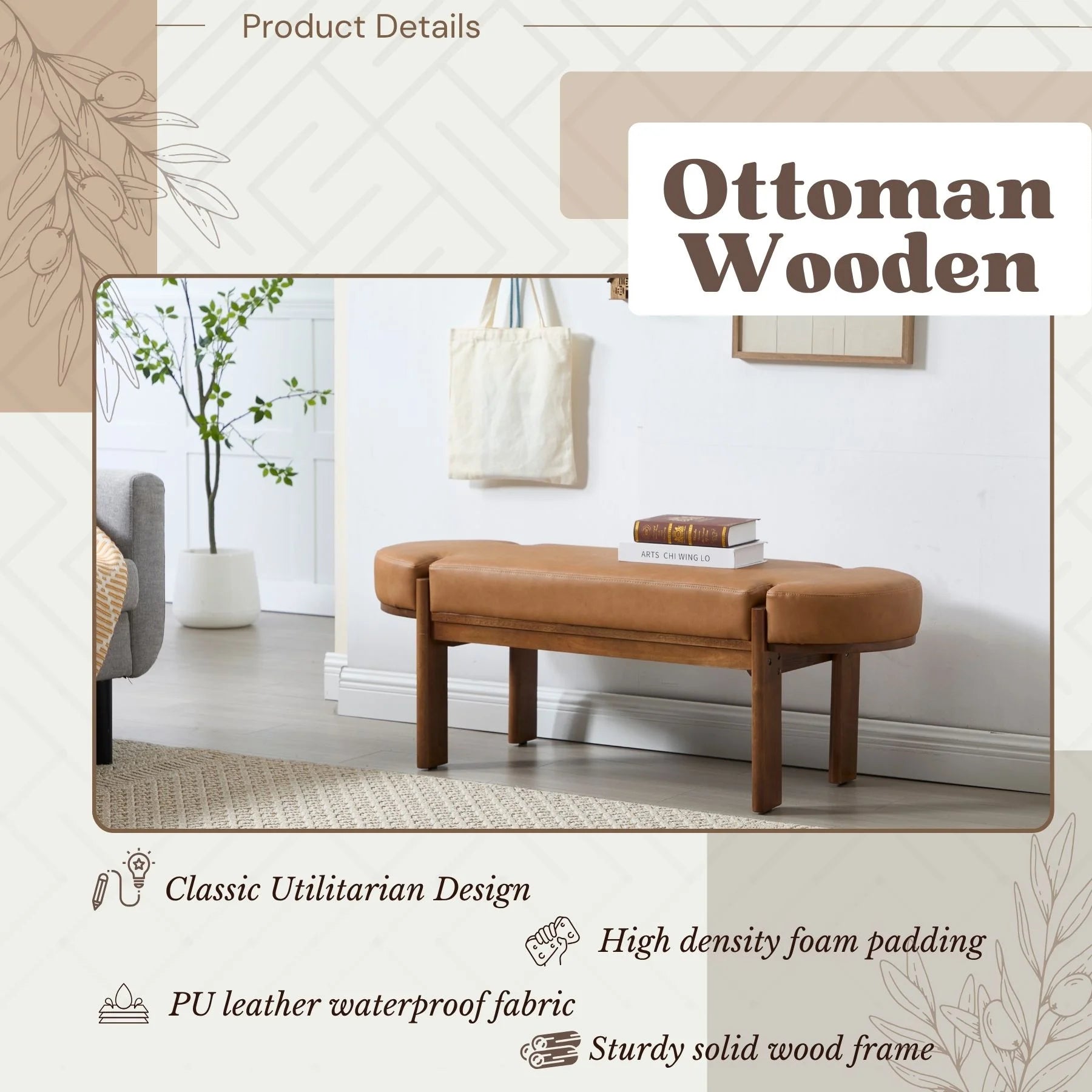 Dayalane 51" Modern Upholstered Bedroom Bench, Linen End of Bed Bench with Wooden Legs for Living Room, Entryway, Hallway Footrest, Beige