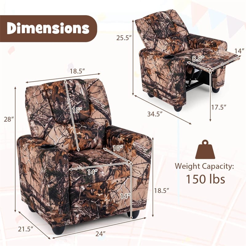 Kids Recliner Chair with Cup Holder & Side Pocket, Adjustable Toddler Lounge Sofa, Ergonomic Children Armchairs for Boys Girls Age 3+, 150lbs